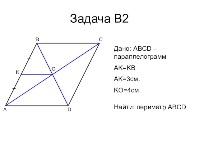 Задача В2 A B C D O K Дано: ABCD – параллелограмм