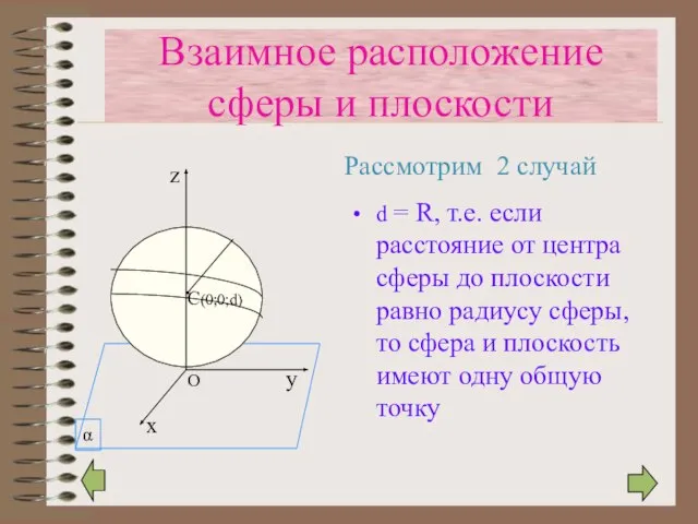 d = R, т.е. если расстояние от центра сферы до плоскости равно