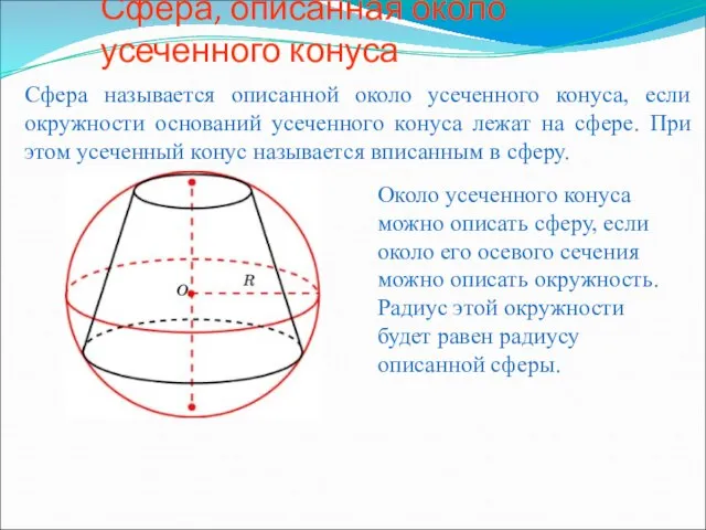 Сфера, описанная около усеченного конуса Сфера называется описанной около усеченного конуса, если