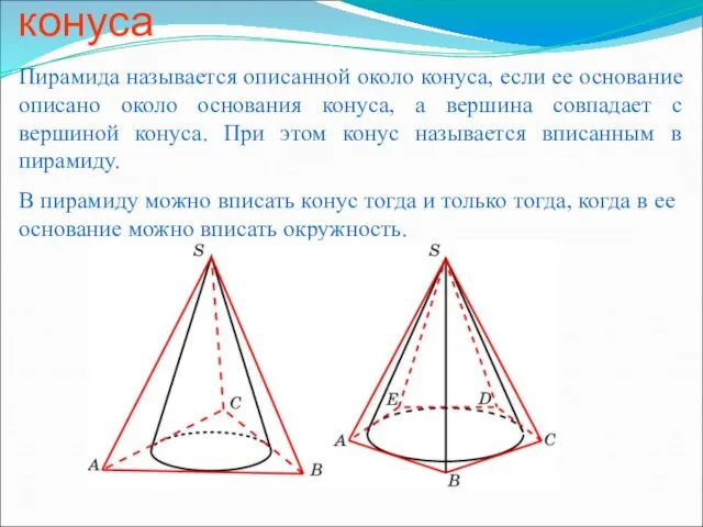 Пирамида, описанная около конуса Пирамида называется описанной около конуса, если ее основание