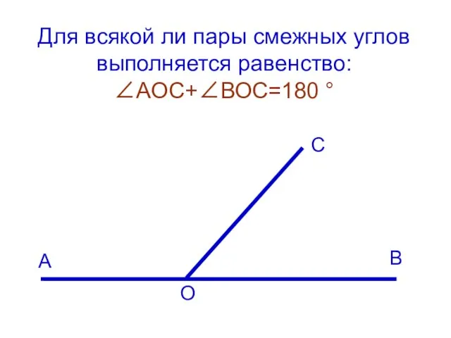 Для всякой ли пары смежных углов выполняется равенство: ∠АОС+∠ВОС=180 ° А С В О