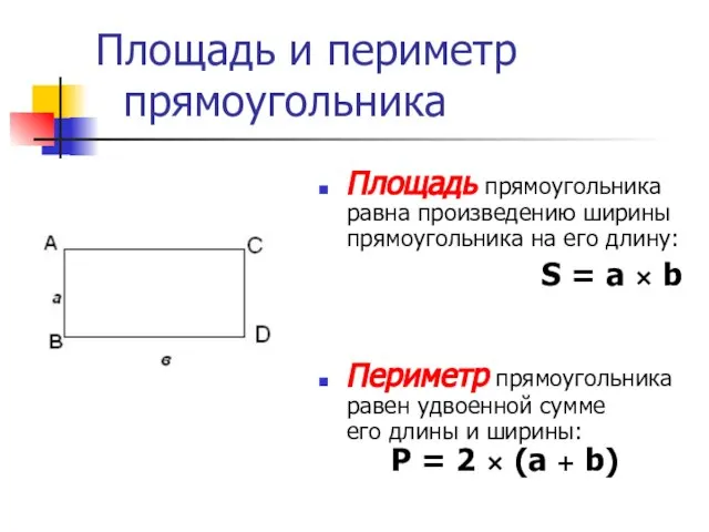 Площадь и периметр прямоугольника Площадь прямоугольника равна произведению ширины прямоугольника на его