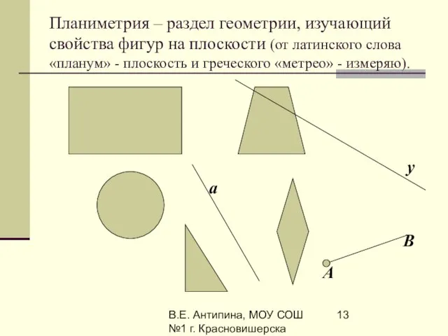 В.Е. Антипина, МОУ СОШ №1 г. Красновишерска Планиметрия – раздел геометрии, изучающий