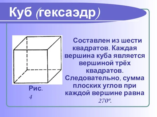 Составлен из шести квадратов. Каждая вершина куба является вершиной трёх квадратов. Следовательно,