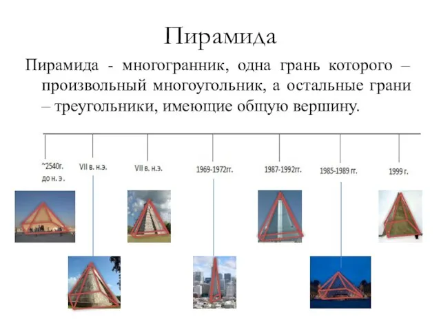 Пирамида Пирамида - многогранник, одна грань которого – произвольный многоугольник, а остальные