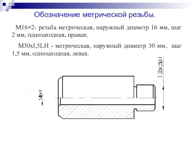 M16×2- резьба метрическая, наружный диаметр 16 мм, шаг 2 мм, однозаходная, правая;