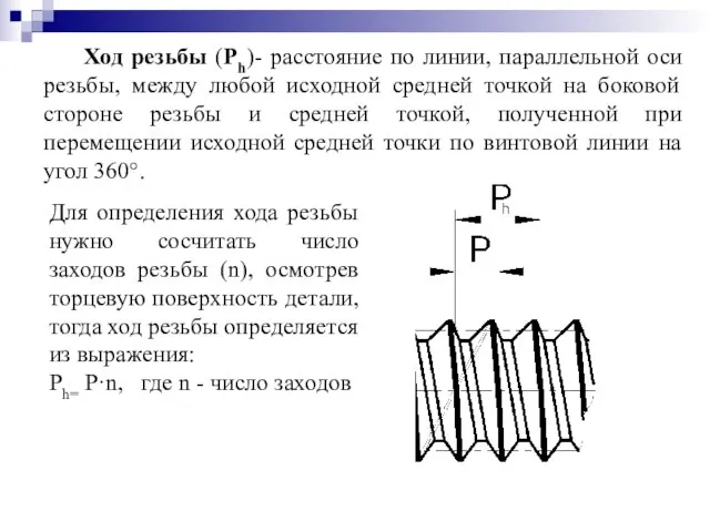 Ход резьбы (Ph)- расстояние по линии, параллельной оси резьбы, между любой исходной