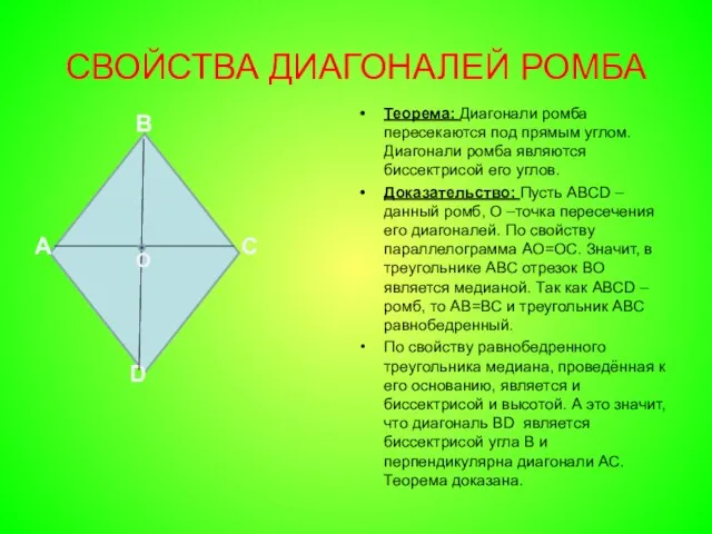 СВОЙСТВА ДИАГОНАЛЕЙ РОМБА Теорема: Диагонали ромба пересекаются под прямым углом. Диагонали ромба