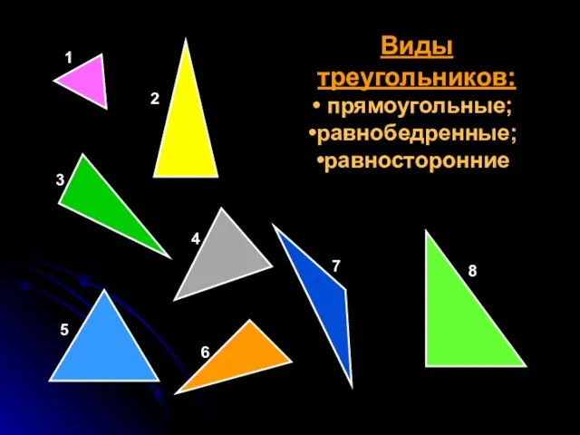 Виды треугольников: прямоугольные; равнобедренные; равносторонние 1 2 3 4 5 7 6 8
