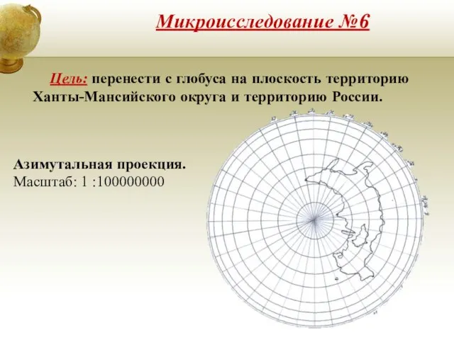 Микроисследование №6 Цель: перенести с глобуса на плоскость территорию Ханты-Мансийского округа и