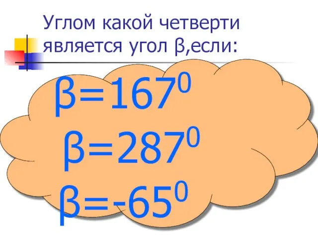 Углом какой четверти является угол β,если: β=1670 β=2870 β=-650