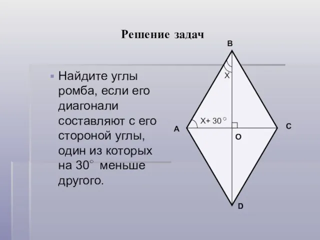 Решение задач Найдите углы ромба, если его диагонали составляют с его стороной