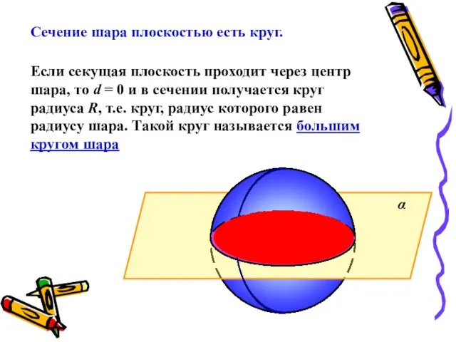 α R O Сечение шара плоскостью есть круг. Если секущая плоскость проходит