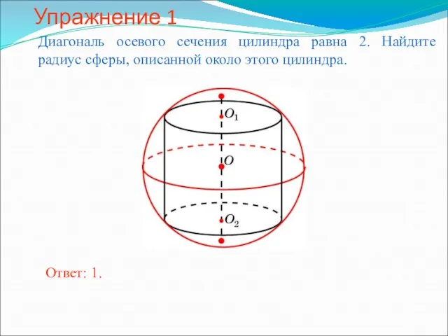 Упражнение 1 Диагональ осевого сечения цилиндра равна 2. Найдите радиус сферы, описанной