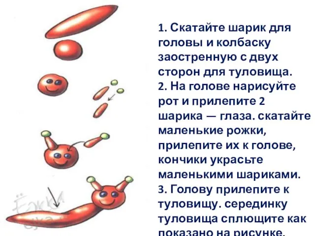 1. Скатайте шарик для головы и колбаску заостренную с двух сторон для