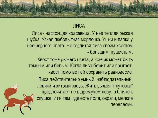 ЛИСА Лиса - настоящая красавица. У нее теплая рыжая шубка. Узкая любопытная