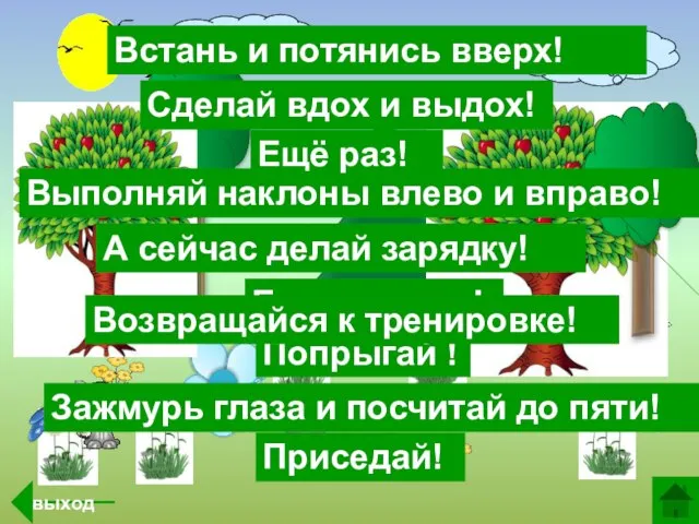 А сейчас делай зарядку! Встань и потянись вверх! Выполняй наклоны влево и