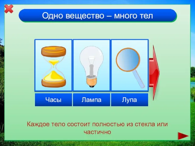 Одно вещество – много тел Каждое тело состоит полностью из стекла или частично