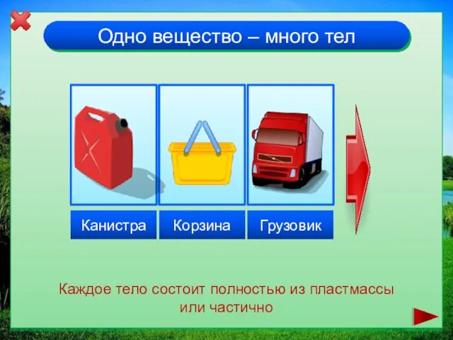 Одно вещество – много тел Каждое тело состоит полностью из пластмассы или частично