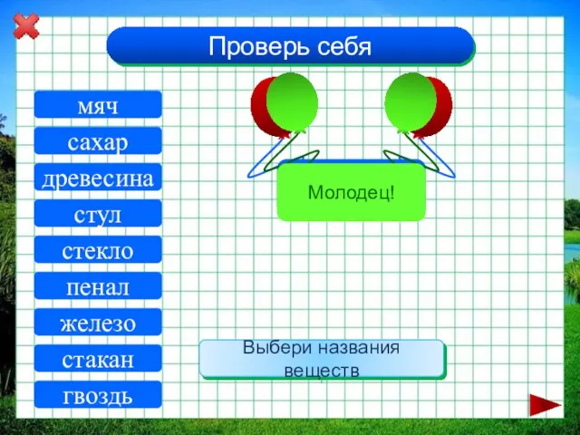 древесина стакан мяч стул сахар гвоздь стекло железо пенал Проверь себя Выбери названия веществ