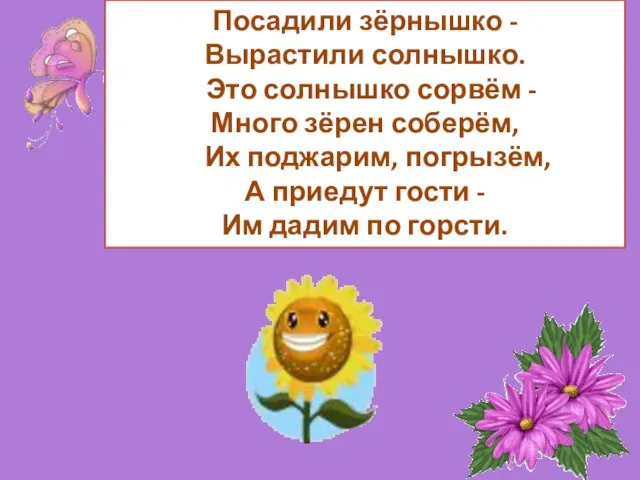 Посадили зёрнышко - Вырастили солнышко. Это солнышко сорвём - Много зёрен соберём,