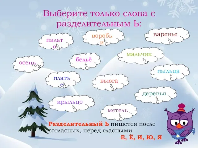 Выберите только слова с разделительным Ь: бельё вьюга платье деревья пыльца пальто