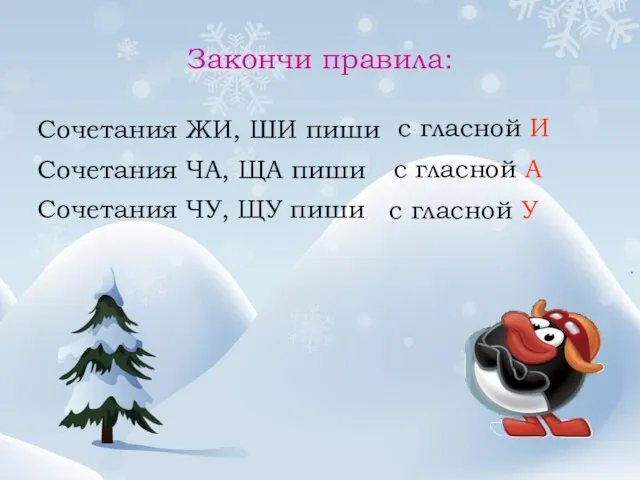 Закончи правила: Сочетания ЖИ, ШИ пиши Сочетания ЧА, ЩА пиши Сочетания ЧУ,