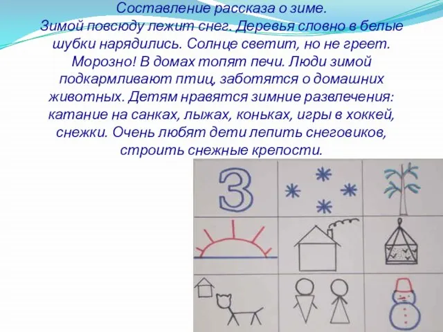 Составление рассказа о зиме. Зимой повсюду лежит снег. Деревья словно в белые