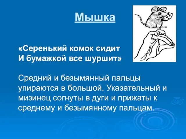 Мышка «Серенький комок сидит И бумажкой все шуршит» Средний и безымянный пальцы