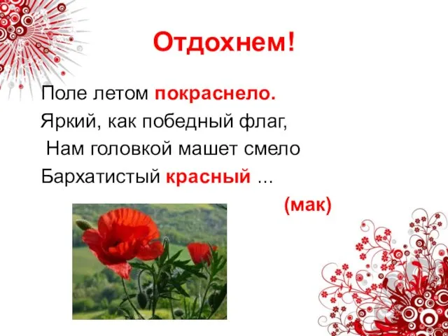 Отдохнем! Поле летом покраснело. Яркий, как победный флаг, Нам головкой машет смело Бархатистый красный ... (мак)