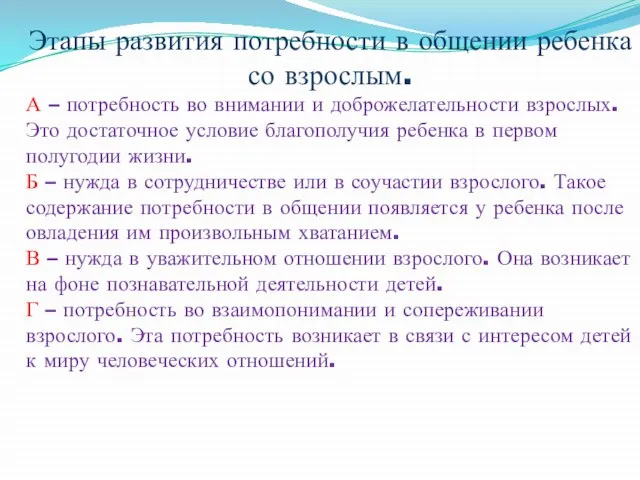 Этапы развития потребности в общении ребенка со взрослым. А – потребность во