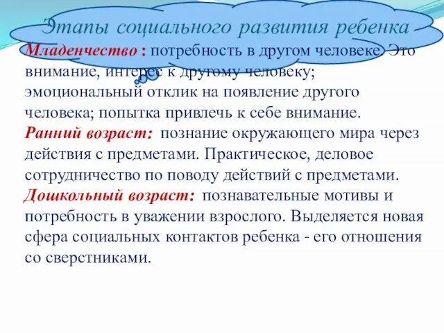 Этапы социального развития ребенка Младенчество : потребность в другом человеке. Это внимание,