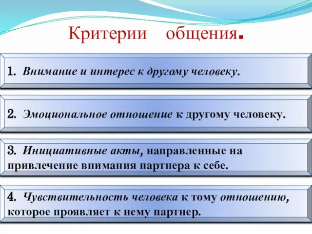 Критерии общения. 1. Внимание и интерес к другому человеку. 2. Эмоциональное отношение