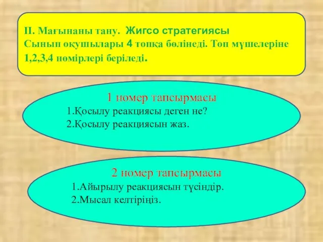 ІІ. Мағынаны тану. Жигсо стратегиясы Сынып оқушылары 4 топқа бөлінеді. Топ мүшелеріне