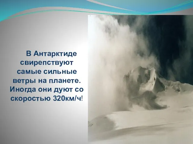 В Антарктиде свирепствуют самые сильные ветры на планете. Иногда они дуют со скоростью 320км/ч!