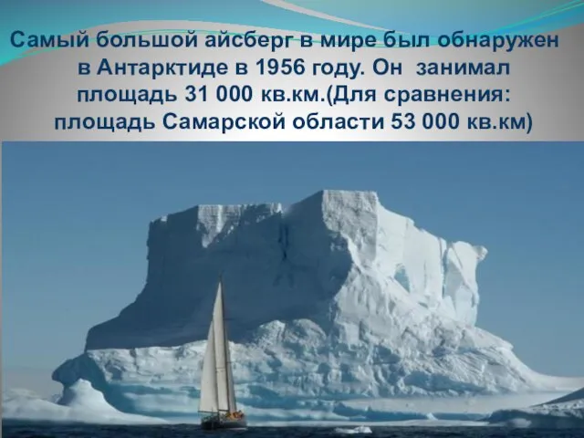 Самый большой айсберг в мире был обнаружен в Антарктиде в 1956 году.