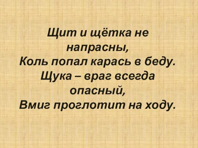 Щит и щётка не напрасны, Коль попал карась в беду. Щука –