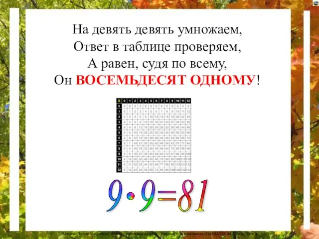 На девять девять умножаем, Ответ в таблице проверяем, А равен, судя по