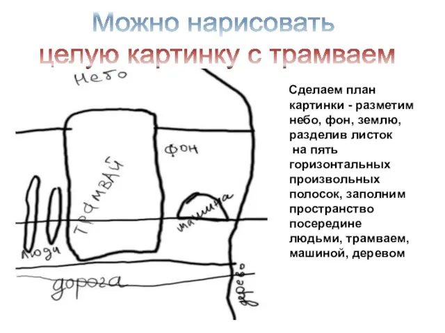 Сделаем план картинки - разметим небо, фон, землю, разделив листок на пять