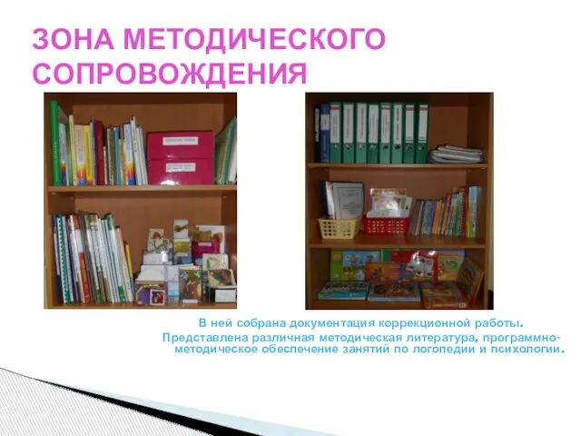 ЗОНА МЕТОДИЧЕСКОГО СОПРОВОЖДЕНИЯ В ней собрана документация коррекционной работы. Представлена различная методическая