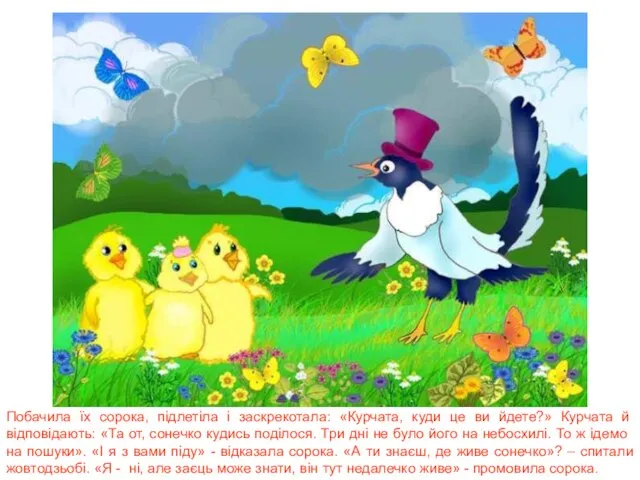 Побачила їх сорока, підлетіла і заскрекотала: «Курчата, куди це ви йдете?» Курчата