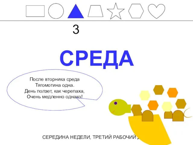 СРЕДА СЕРЕДИНА НЕДЕЛИ, ТРЕТИЙ РАБОЧИЙ ДЕНЬ 3 После вторника среда Тягомотина одна.