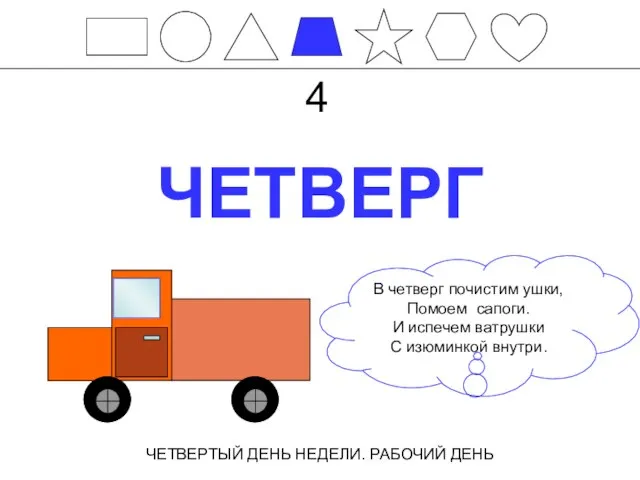 ЧЕТВЕРГ ЧЕТВЕРТЫЙ ДЕНЬ НЕДЕЛИ. РАБОЧИЙ ДЕНЬ 4 В четверг почистим ушки, Помоем