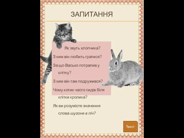 Текст Запитання Як звуть хлопчика? З ким він любить гратися? За що