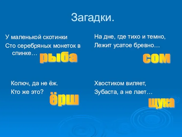 Загадки. У маленькой скотинки Сто серебряных монеток в спинке… На дне, где