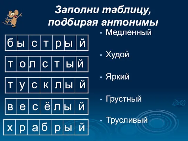 Заполни таблицу, подбирая антонимы Медленный Худой Яркий Грустный Трусливый б ы с