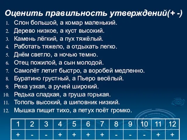 Оценить правильность утверждений(+ -) Слон большой, а комар маленький. Дерево низкое, а