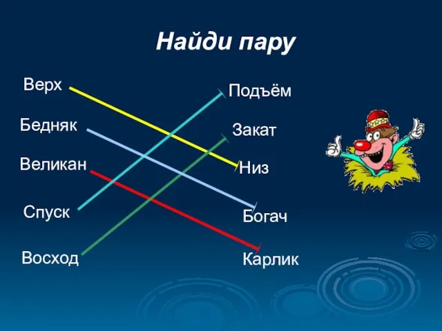 Найди пару Спуск Бедняк Великан Восход Верх Подъём Закат Низ Богач Карлик