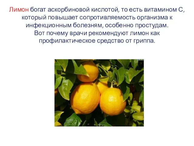 Лимон богат аскорбиновой кислотой, то есть витамином С, который повышает сопротивляемость организма