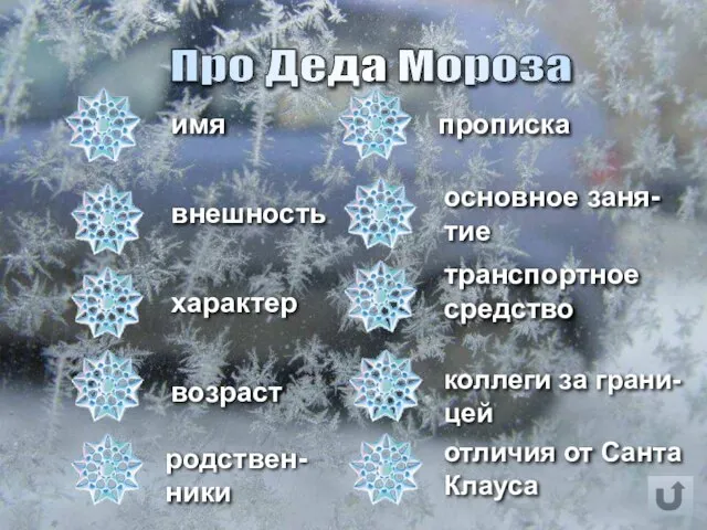 Про Деда Мороза имя внешность характер возраст прописка основное заня-тие транспортное средство